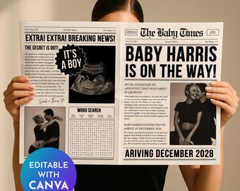 Szablon ogłoszenia o narodzinach dziecka w gazecie, ogłoszenie o ciąży w gazecie, The Baby Times, gazeta o rychłym narodzinach dziecka, spersonalizowana gazeta Canva