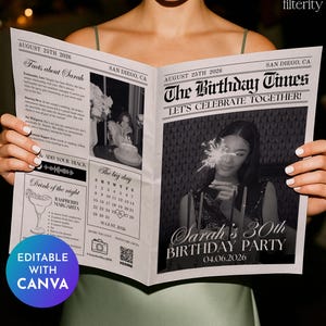 Birthday Newspaper Canva Template, Birthday Newspaper Template, Birthday Program, Large Birthday Newspaper, Editable Newspaper Itinerary