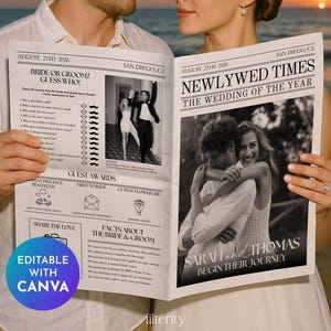 Hochzeitszeitungsvorlage mit Foto, minimalistische Hochzeitszeitungsvorlage, Hochzeitsprogramm, Brautpaar, bearbeitbarer Zeitungsreiseplan