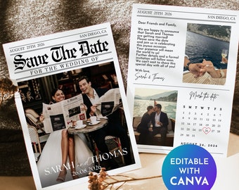 Puede incluir: Un anuncio de guardar la fecha para una boda. El anuncio está diseñado como un periódico con una foto de la pareja y el texto "Save The Date" en una fuente grande. El anuncio incluye los nombres de la pareja, Sarah y Thomas, y la fecha de la boda, el 26 de agosto de 2026.