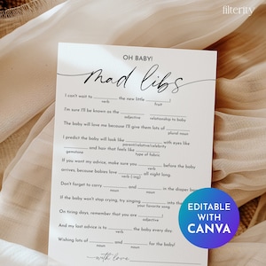 Jeu de baby shower Mad Libs - Jeux de baby shower imprimables, jeu de bébé Mad Libs neutre en matière de genre, jeu de révélation de genre, modèle modifiable | BB1