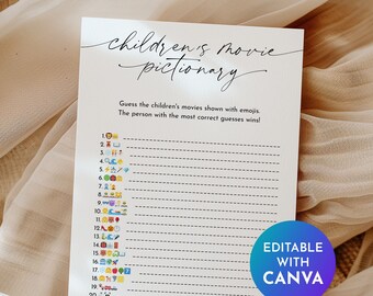 Pictionnaire d'emojis de films pour enfants, Jeux de baby shower, Jeu d'emojis pour bébés, Pictionary d'emojis imprimables, Jeu de devinette d'emojis, Quiz d'emojis | BB1