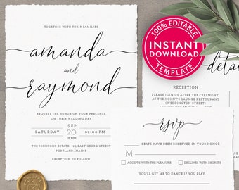 Printable Wedding Invitation Set Template Download, Wedding Invitations, Wedding Template, Wedding Program, Wedding Invites, Thank You Card