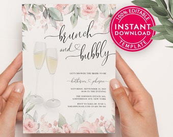 Brunch And Bubbly Invitation, Bridal Shower Invitation, Printable Bridal Shower Invite, Bridal Shower Invitation Template, Instant Download