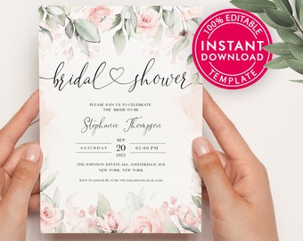 Rose Bridal Shower Invitation, Boho Bridal Shower Invites, Printable Bridal Shower Invitation, Dusty Rose Bridal Shower Invitation Template