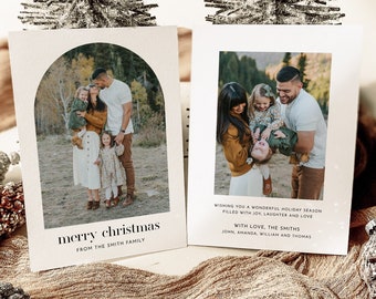 Plantilla de tarjeta de Navidad con foto, tarjeta de Navidad editable, plantilla de tarjeta navideña con arco, descarga digital de tarjeta de Navidad imprimible