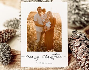Plantilla de tarjeta de Navidad con foto, tarjeta de Navidad editable con arco, plantilla de tarjeta navideña con arco, descarga digital de tarjeta de Navidad imprimible