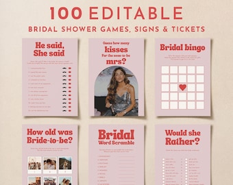 Pink and Red Bridal Shower Games Bundle, 70's 80's Modern Retro Bridal Shower Games Editable Template, Bridal Party Games Set, Bridal Bingo