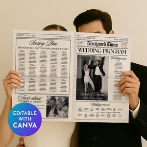 Może przedstawiać: Czarno-biała gazeta ślubna trzymana przez parę. Zawiera plan usadzenia gości, program wesela i oś czasu. Widoczny jest tekst "August 25th 2026, San Diego, CA". Obecne są również słowa "Editable with Canva".