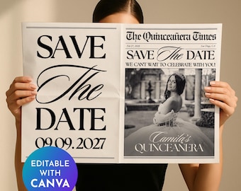 Quinceanera Save The Date Newspaper | Canva Template | Quinceañera invitation | Quince Photoshoot Newspaper | Sweet 15 Newspaper Invite
