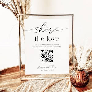 Share The Love QR Code Sign, Wedding QR Code Sign Template, Modern Wedding Reception Table Sign, Guest Photo Sharing, Capture The Love Sign