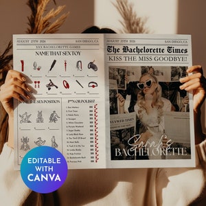 May include: A bachelorette party game designed as a newspaper, with the headline "The Bachelorette Times." The left page includes games like "Name That Sex Toy." The right page features a photo of a woman wearing heart-shaped sunglasses.