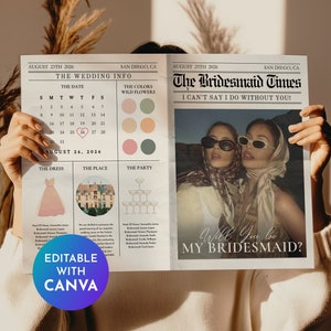 Modelo de jornal "Você será minha madrinha", jornal com foto para pedido de casamento, jornal para pedido de casamento, modelo editável
