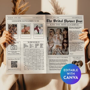 May include: A printable bridal shower game in the style of a newspaper. The game includes a word search, a guess the bride's age game, and a section for fun facts about the bride. The newspaper is decorated with a pink and white floral design.