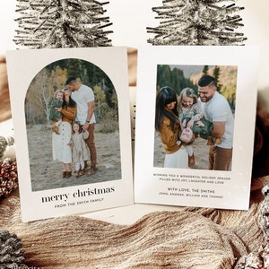 Plantilla de tarjeta de Navidad con foto, tarjeta de Navidad editable, plantilla de tarjeta navideña con arco, descarga digital de tarjeta de Navidad imprimible