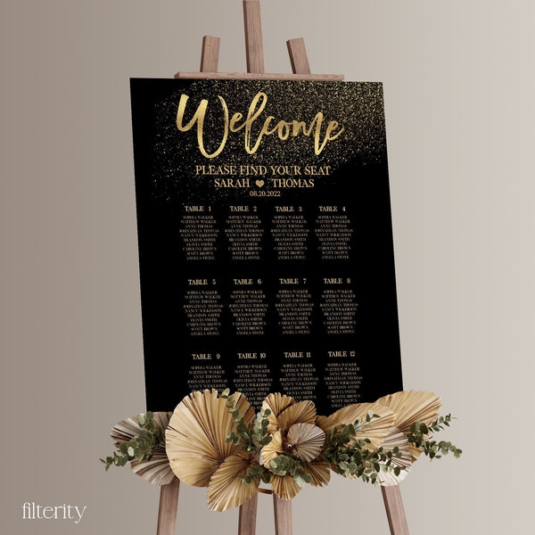 Black and Gold Wedding Seating Chart Template, Black Gold Glam Wedding Sign, Wedding Seating Plan Board, Printable Table Seating Chart Sign