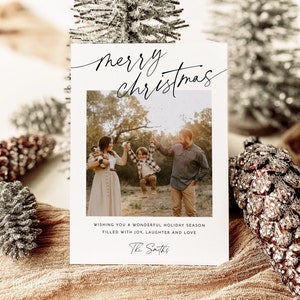 Modelo de cartão de Natal com foto, download digital de cartão de Natal minimalista, cartões de Natal editáveis Boho, cartão simples de feliz Natal