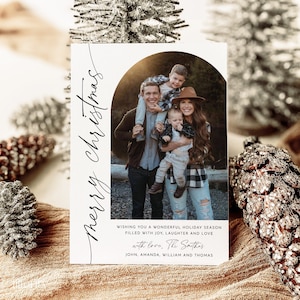 Modèle de carte de Noël photo avec arche, cartes de vœux modifiables bohèmes, carte de Noël minimaliste, carte de joyeux Noël en téléchargement numérique