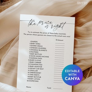 May include: A printable baby shower game with the title "The Price is Right". The game asks guests to guess the price of 20 baby essentials, such as diapers, wipes, onesies, and a baby monitor. The game is editable with Canva.