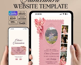 Blush Pink Quinceañera Website Invitation, RSVP Tracker | Bilingual Spanish English (Instant Download)