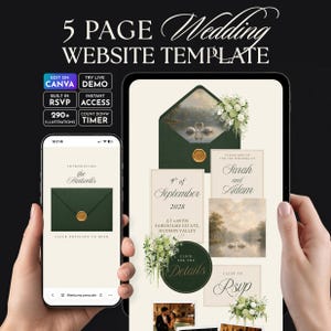 May include: A 5 page wedding website template displayed on a tablet and smartphone. The design features dark green envelopes with gold wax seals, white floral arrangements, and swan illustrations. Text includes "5 PAGE WEDDING WEBSITE TEMPLATE", "Sarah and Adam", "9th of September 2028", and "RSVP".