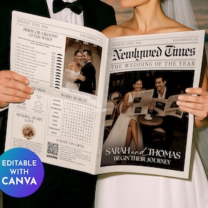 Könnte beinhalten: Ein Paar hält eine Hochzeitsanzeige im Zeitungsstil. Die Schlagzeile lautet "Newlywed Times: The Wedding of the Year". Die Anzeige enthält Fotos, ein Wortsuchrätsel und den Text "Sarah and Thomas Begin Their Journey". Die Anzeige ist mit Canva bearbeitbar.