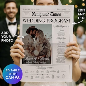 Puede incluir: Un programa de boda diseñado como una portada de periódico. El titular dice "Newlywed Times WEDDING PROGRAM". El programa incluye una foto de la pareja, detalles de la fiesta de bodas y una línea de tiempo. El texto "Edit Any Text" es visible.