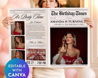 Birthday Newspaper Canva Template, 30th Birthday Newspaper Template, Birthday Invitation, Large Birthday Newspaper, Editable Newspaper