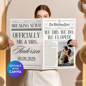 Newspaper Elopement Announcement Template, Editable Wedding Announcement, We Eloped, Custom Wedding Newspaper, Canva Template
