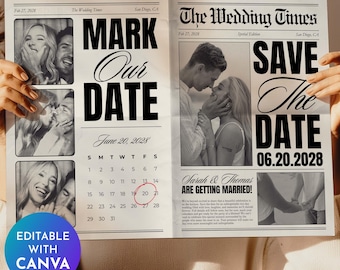 Szablon gazety Save The Date do edycji w Canva, gazeta z ogłoszeniem ślubnym, gazeta Mark Our Date, gazeta The Wedding Post