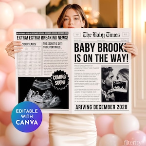 以下が含まれることがあります： 女性が「BABY BROOKS IS ON THE WAY！」という見出しの新聞スタイルの発表を持っています。発表には、超音波画像と「COMING SOON！」と「ARRIVING DECEMBER 2028」というテキストが含まれています。