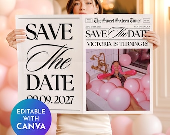 Sweet 16 Save The Date Newspaper | Birthday Newspaper Invite  | Sweet 16 invitation | Sweet 16 Photoshoot Newspaper | Canva Template