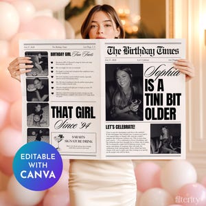 Eine winzige etwas ältere Zeitung, Geburtstagszeitung Canva Vorlage, Geburtstagseinladung, große Geburtstagszeitung, bearbeitbare Bday Zeitung