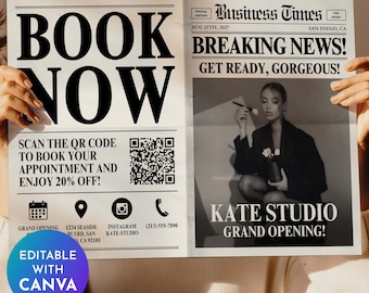 Beauty Salon Newspaper Template Editable on Canva, Business Newspaper Template, Large Newspaper Template, Announcement Photoshoot Newspaper