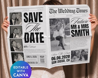 Save The Date Newspaper Template Canva, Wedding Save The Date, Announcement Photoshoot Newspaper, The Wedding Post News Paper Template