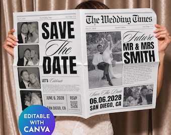 Save The Date Newspaper Template Canva, Engagement Announcement of Future Mr and Mrs