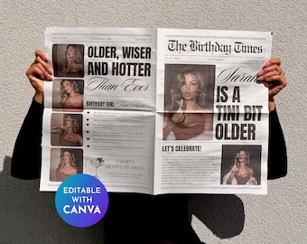 Birthday Newspaper Canva Template, Birthday Newspaper Template, Birthday Program, Large Birthday Newspaper, Editable Newspaper Itinerary