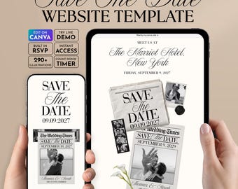 Newspaper Save the Date Website Template | Digital Wedding Announcement | Editable in Canva