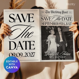 Modèle de journal "Retenez cette date" Toile, "Retenez cette date" pour mariage, Journal pour une séance photo de faire-part, Modèle de papier journal pour la publication de mariage