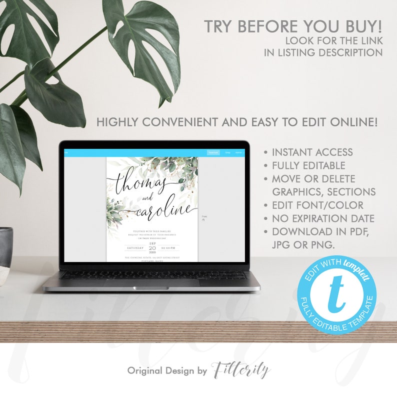May include: A laptop displays a wedding invitation template with the names "Thomas and Caroline" in elegant script. The design features green foliage accents. Text on the screen includes "Instant Access" and "Fully Editable". The image also includes the text "Try Before You Buy!"