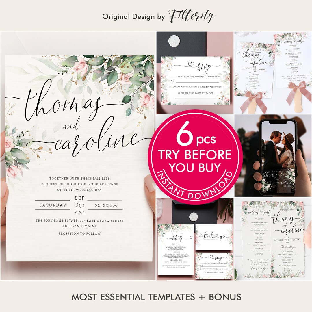 Printable Wedding Invitation Set Template Download, Wedding Invitations ...