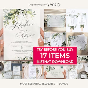 May include: A set of 17 printable wedding stationery templates featuring a watercolor eucalyptus and gold design. The templates include an invitation, RSVP card, table number card, and thank you card. The text "Try Before You Buy" and "17 Items" is displayed in a pink box.