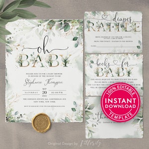 Baby Shower Invitation, Baby Girl Shower Invite, Baby Shower Invitation Girl, Diaper Raffle, Instant Download, Baby Shower Thank You Cards