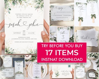 Printable Wedding Invitation Template Bundle, Wedding Invite Set, Thank You Card, Wedding Program Template, Wedding Menu, Snapchat Filter