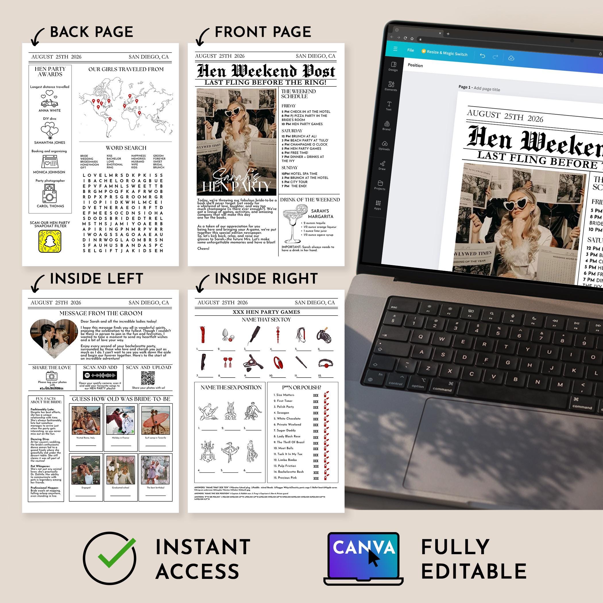 Hen Party Weekend Newspaper Template With Games - Editable Canva Hen ...