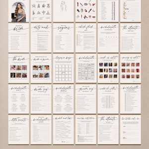 May include: A collection of beige-colored bachelorette party game cards with black text and illustrations. Games include "Guess the Dress," "Sex Toy," and "Dirty Minds." The phrase "AND WAY MORE..." is at the bottom.