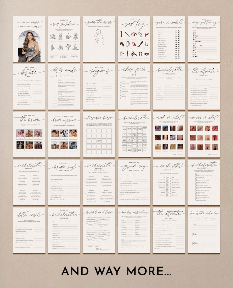 May include: A collection of beige-colored bachelorette party game cards with black text and illustrations. Games include "Guess the Dress," "Sex Toy," and "Dirty Minds." The phrase "AND WAY MORE..." is at the bottom.