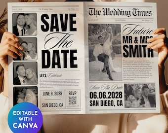Save The Date Newspaper Template Canva, Wedding Save The Date, Announcement Photoshoot Newspaper, The Wedding Post News Paper Template