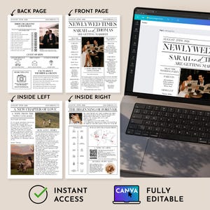 Folded Wedding Newspaper Template with Photo, Minimalist Wedding Newspaper Template, Wedding Program, Newlywed Times, Editable Newspaper image 3