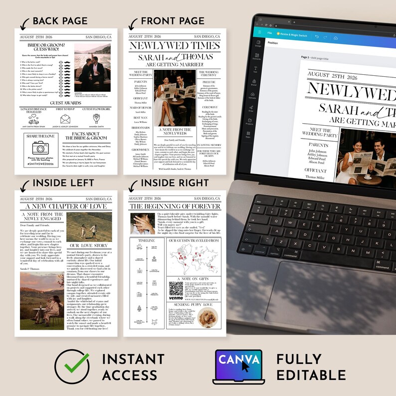 Folded Wedding Newspaper Template with Photo, Minimalist Wedding Newspaper Template, Wedding Program, Newlywed Times, Editable Newspaper image 3
